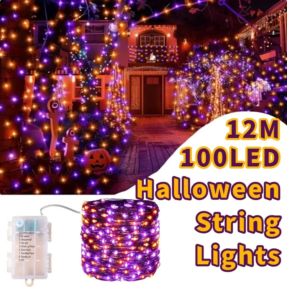 

12M Halloween String Lights 100LED DIY Halloween Fairy Lights Battery Powered Purple Orange Color LED String Lights Garden Decor