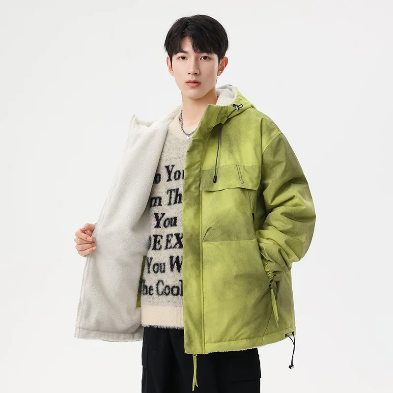 

Мужская плюшевая куртка, зимняя утепленная флисовая теплая мужская куртка контрастного цвета с длинным рукавом и карманом, двусторонняя мужская верхняя одежда с капюшоном