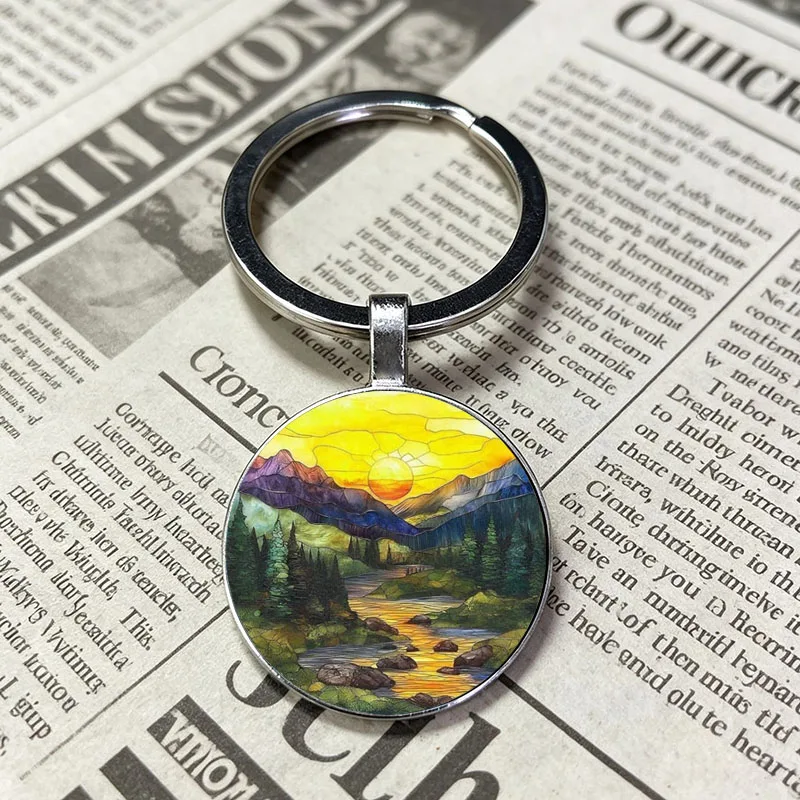 Outdoor Wilderness Stained Glass Keychain Mountain Sunset Beach Palm Forest Lake Canoe Nature Metal Key Accessory ﻿