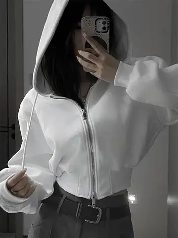 캐주얼 짧은 후드 티셔츠 여성 지퍼 업 후드 Mujer 솔리드 하라주쿠 긴 소매 슬림 피트 자르기 탑 여성 자켓 코트