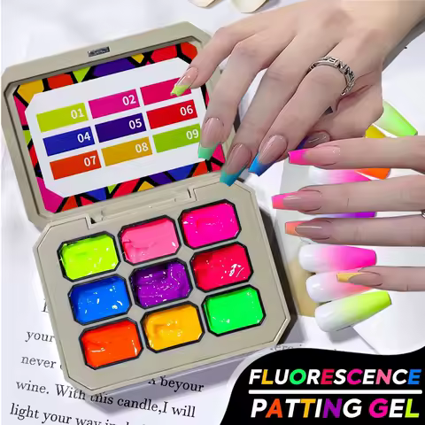 1pc Nine grid fluorescent pat gel transfer glue rainbow bright colors high saturation UV&amp;LED nail polish adhesive salon DIY Y2K