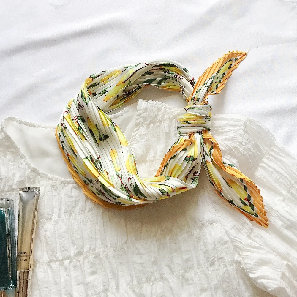 NEW Designer Pleated Square Imitated Silk Scarf For Women Floral Classy Chic Ladies Scarves Travel Neck Scarf Kerchief Bandana