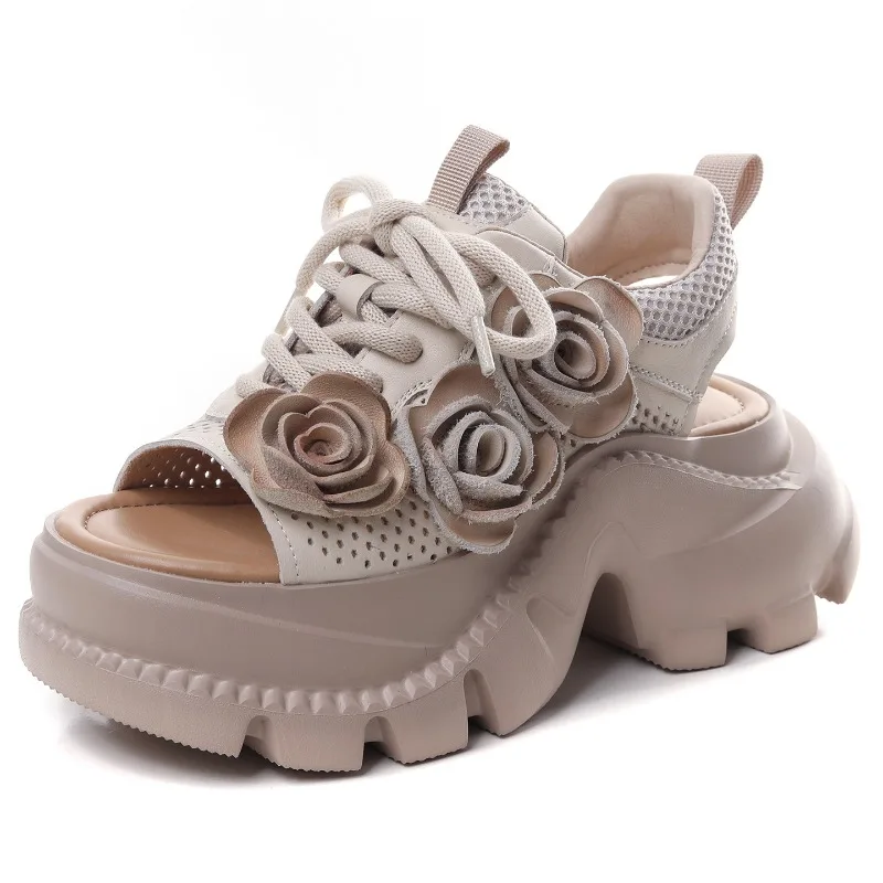 

High Quality 7CM Cow Genuine Leather Women Flats Pumps Peep Toe Flower Platform Wedge Ladies Hollow 2025 Summer Fashion Sandals