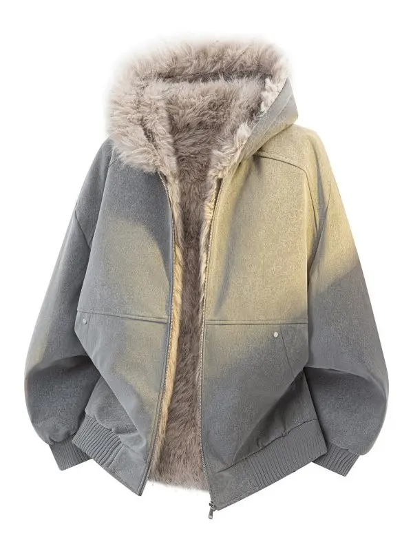 

Casual Hooded Jaet Men's Winter Thiened Fce Lined Loose Fur Collar Youth New Versatile Mountain Eagle Polyester Fiber