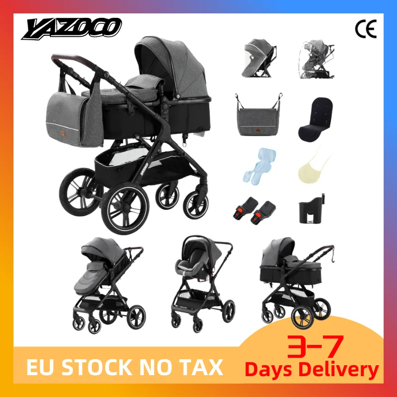 Poussette bébé 3 en 1 portable avec siège auto, cadre en aluminium, absorption des chocs sur quatre roues, importée de France