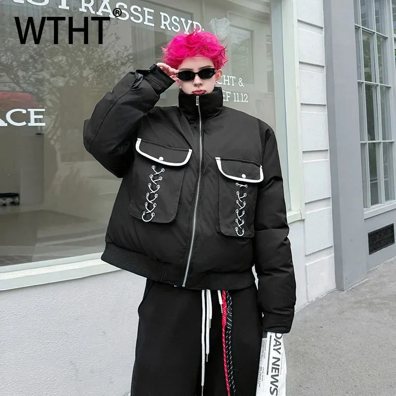 WTHT Fashion Men's Big Pockets Bandage Contrast Color Coats Trendy 2025 Winter Zipper Stand Collar Loose Jackets Male 2A2344
