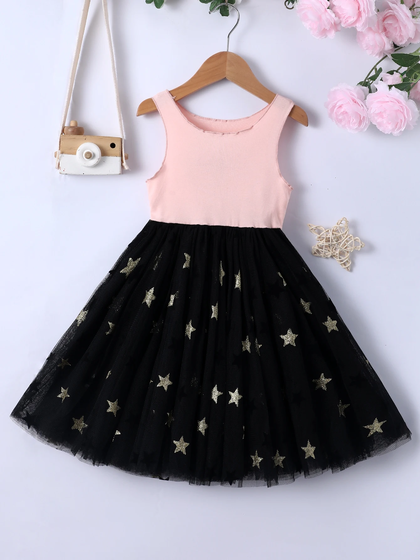 Summer New Girls Dress Romantic Temperament Sleeveless Vest With Gold Pentagram Star Mesh Dress 2-6 Years Old