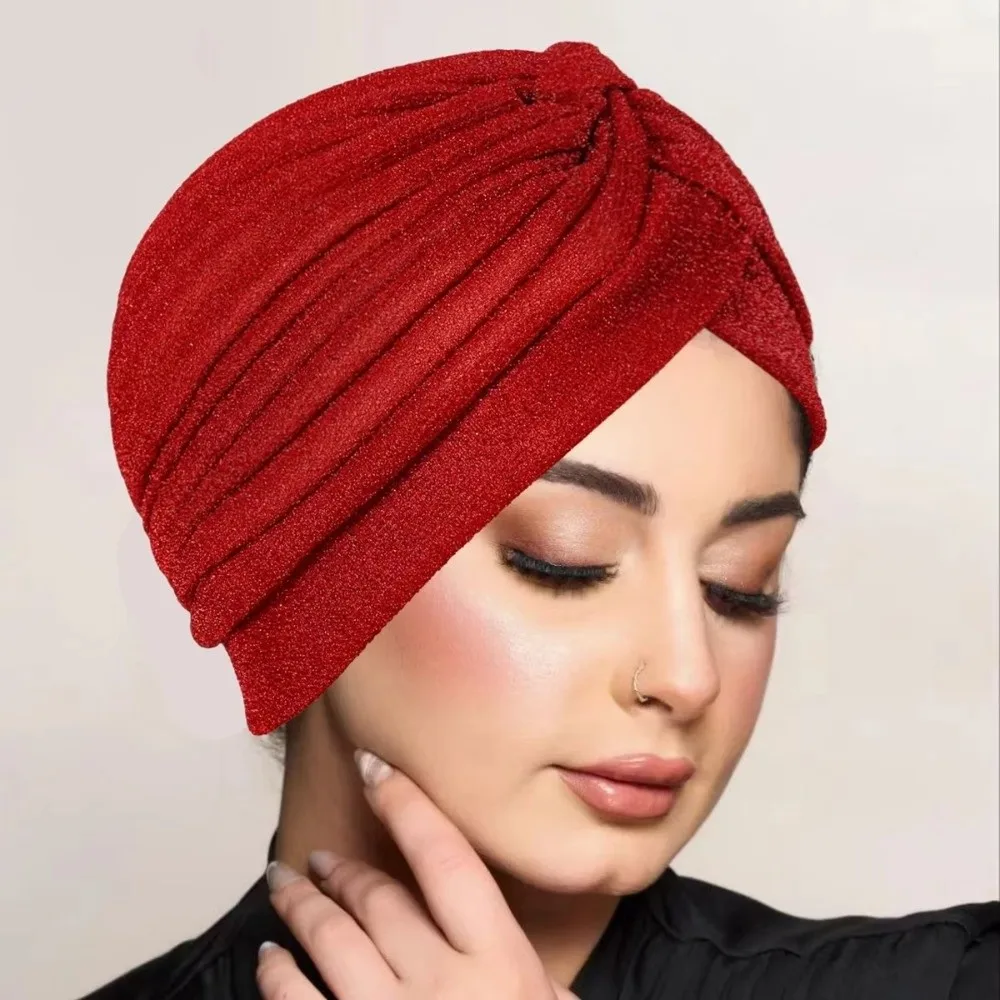 New Shiny Hijab Caps Elastic Wrap Style Islamic Headband Soft Polyester Breathable Head Wrap Cap Hair Loss