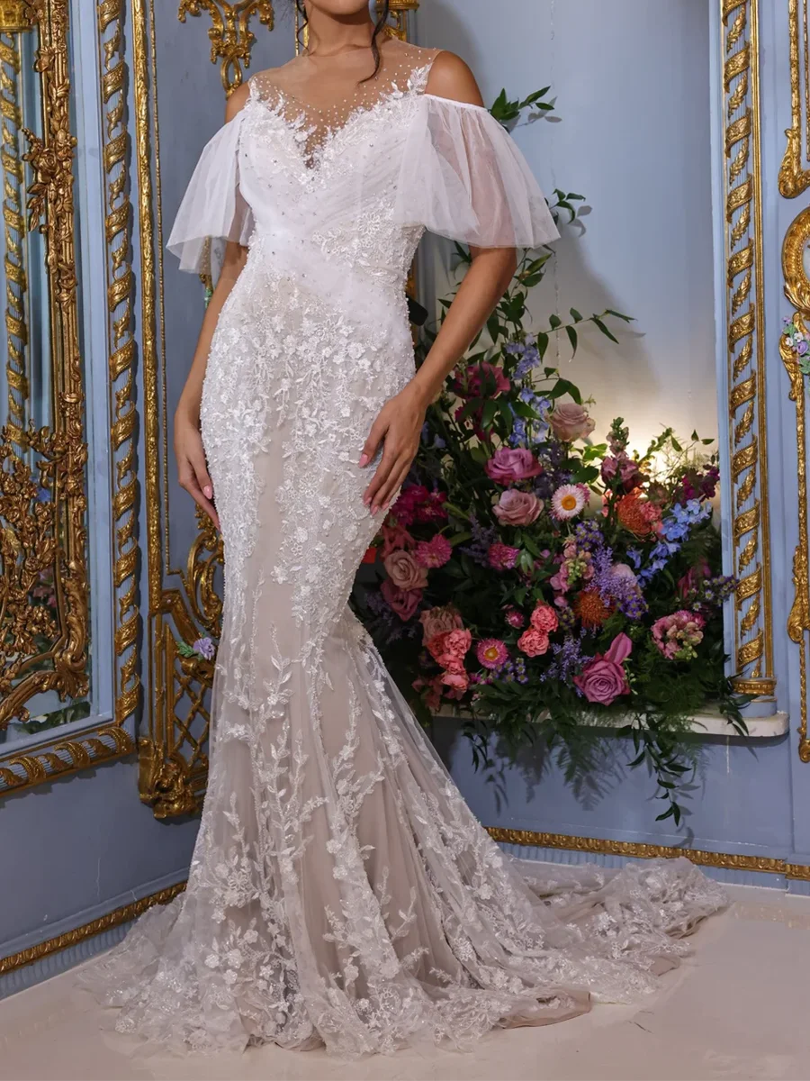 Elegante O-Ausschnitt Applikationen Perlen Puffärmel Meerjungfrau Braut Brautkleider Brautkleider Maßgeschneidert