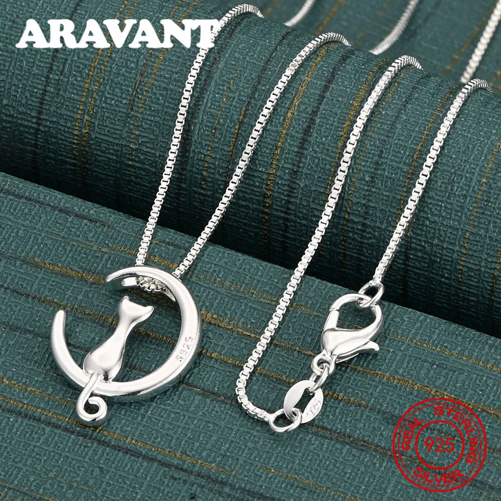 

925 Sterling Silver Moon Kitten Pendant Necklace - Exquisite And Cute Wedding Party Jewelry For Women