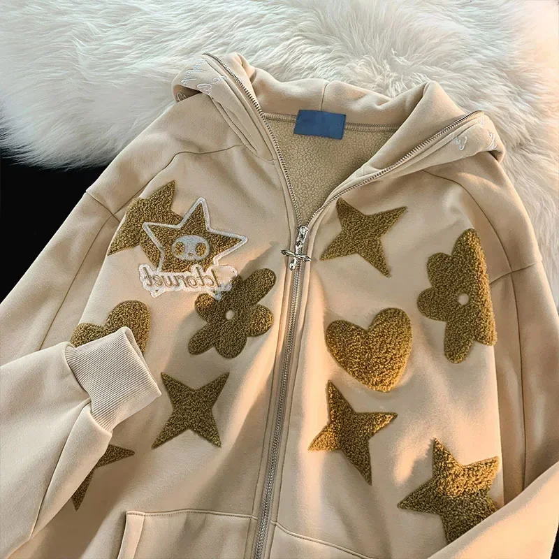 

Y2K Letter Embroidered Hoodie Women Autumn Vintage Zip Up Oversized Sweatshirt Y2k Korean Harajuku Long Sleeve Hooded Jacket