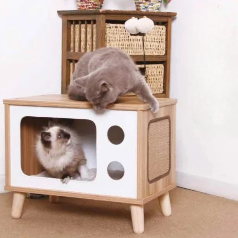 Retro Large Wooden Cat House TV Cat Condo Bed with Scratching Pad & Cushion Furniture Scratcher Bell Ball Toys