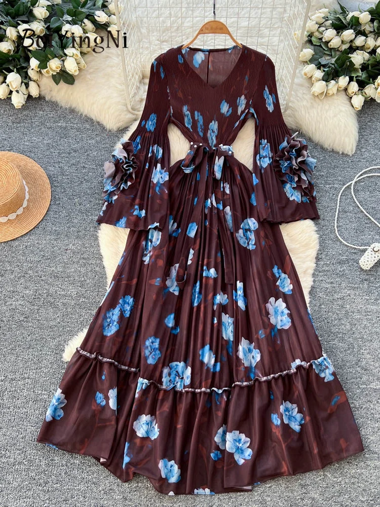 Beiyingni Lente Zomer Vakantie Maxi Jurk Vrouwen Bloemen Gedrukt Vrouwelijke Flare Mouw Geplooide Lange Mouw Jurken Pendelen Senior