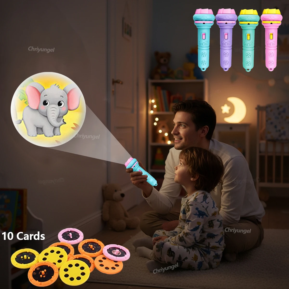 Kids Projector Flashlight 10 Cards 80 Patterns Night Light Early Learning Educational Toy Gift for Toddler Boys Girls