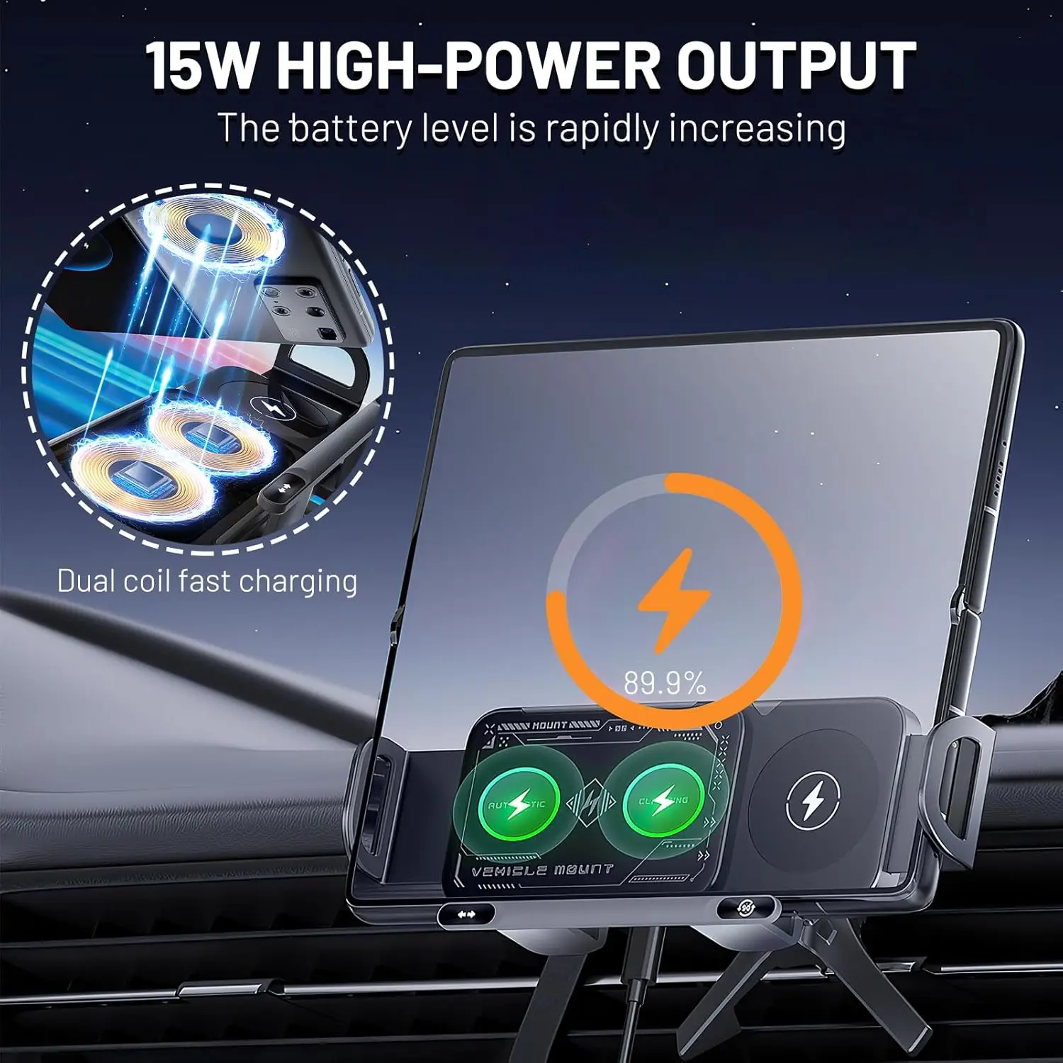 حامل هاتف دوار تلقائي 2 في 1، حامل فتحة تهوية للسيارة سريع الشحن للهواتف الذكية والوسادة، تصميم قابل للدوران بلمسة واحدة (أسود) #3