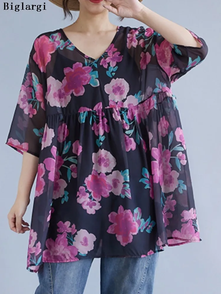 

Oversized Summer V-Neck T-Shirts Women Flower Floral Print Fashion Ruffle Ladies Blouses Pleated Loose Casual Woman T-Shirts