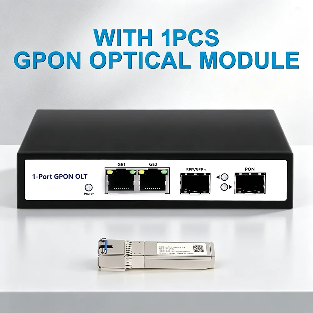 1-Port Mini GPON OLT FTTH Equipment 128 ONUs | 10G SFP+ 2*GE RJ45 Uplink DC12V 1A Web Manage Low Consumption Light OLT