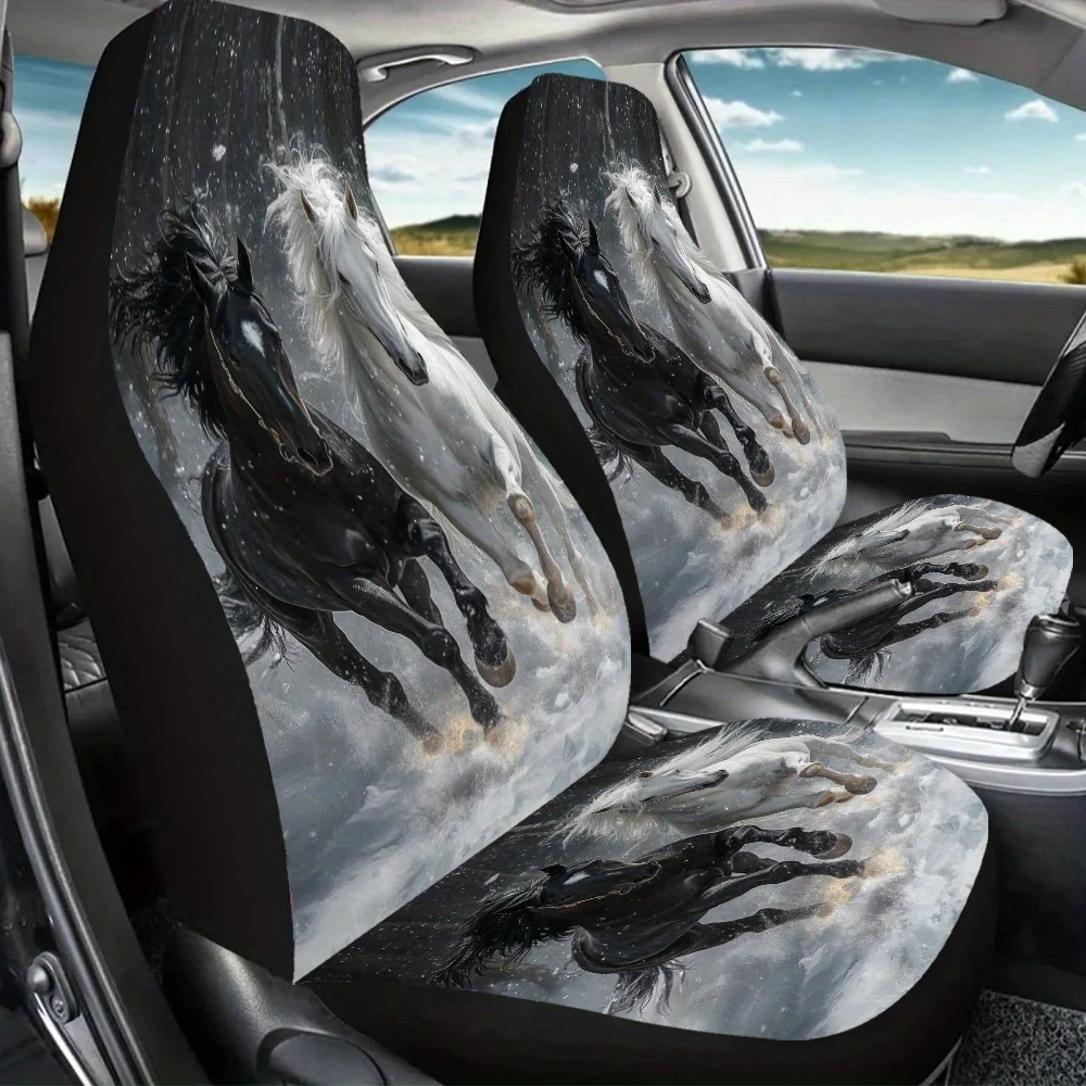 2pcs Snowy Forest Gallop Print Car Seat Covers For Women And Men, Universal Auto Front Seats Protector Fits Cars, SUVs & Trucks