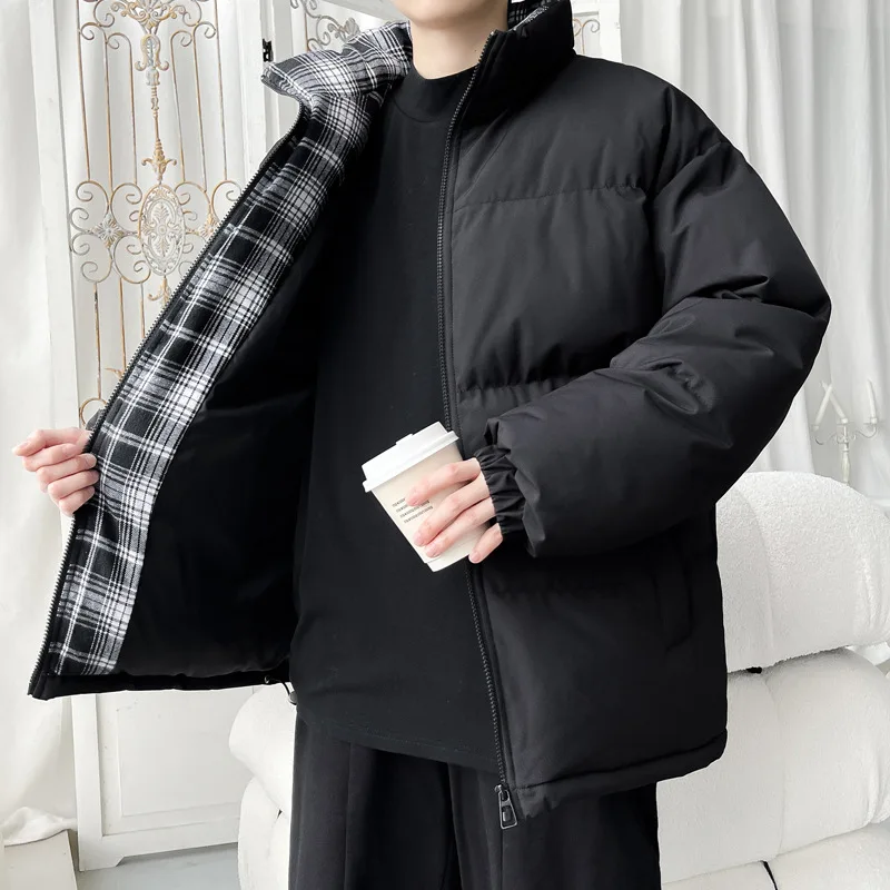 

Men's Reversible Jacket Plaid Cotton Padded Coat Winter Warm Thickened Outwear American Casual Parkas For Men Padded Jackets