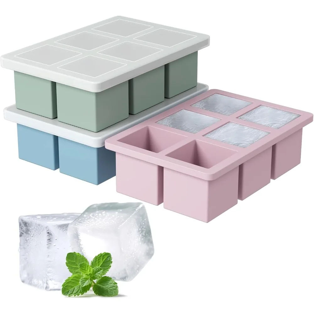 

Large Silicone Ice Cube Tray 3Pack, Big Square Ice Cube Molds for Whisky Cocktail, Ice Maker Tray with Lid for Freezer, Easy Re
