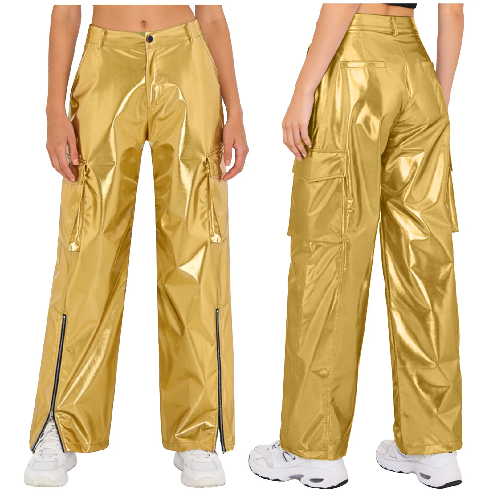

Women Metallic Wide Legs Cargo Pants Trousers Shiny High Waist Straight Multi-pocket Pants for Disco Jazz Modern Street Dance
