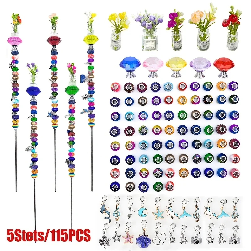 5Stets/115PCS DIY Garden Sign Set - Featuring a colorful crystal top insert, silver accessories and beads, suitable for various outdoor decorations for holidays, holiday gifts, and creative handicraft projects.