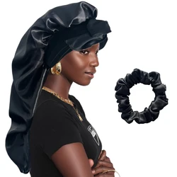 1+1   Edge Long Bonnet+Elastic Satin Hair Band Set Long silky Bonnet For Sleeping With Wide Elastic Band Headwrap