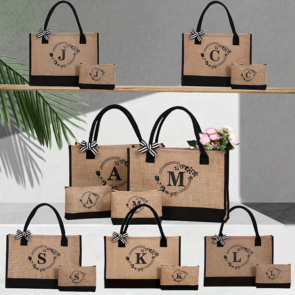 2-Piece Set Personalized Monogram "M" Tote And Cosmetic Bag, Large Capacity Travel Tote With Matching Pouch, Rustic Fabric  For