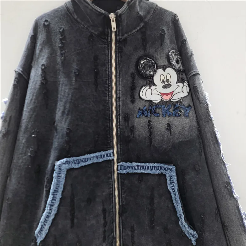 Autumn Loose Mid-Length Cartoon Top Heavy Industry Stand Collar Vintage Distressed Sweatshirt Jacket Long Sleeves Zipper Coat