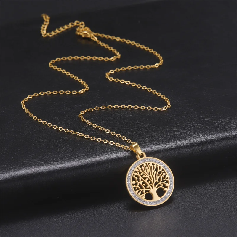 Trendy Stainless Steel Rhinestone Tree of Life Pendant Necklace For Women Charm Summer Clavicle Chain Jewelry Colgantes Cadena