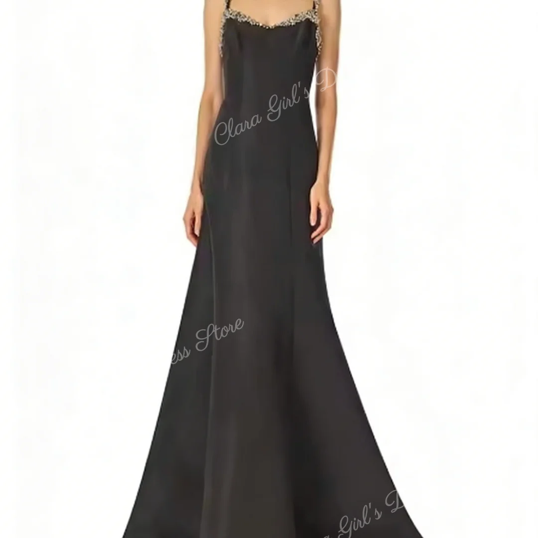 Schwarzes, elegantes Satin-Abendkleid für Damen, Kristall, dünne Träger, ärmellos, ausgestelltes Partykleid