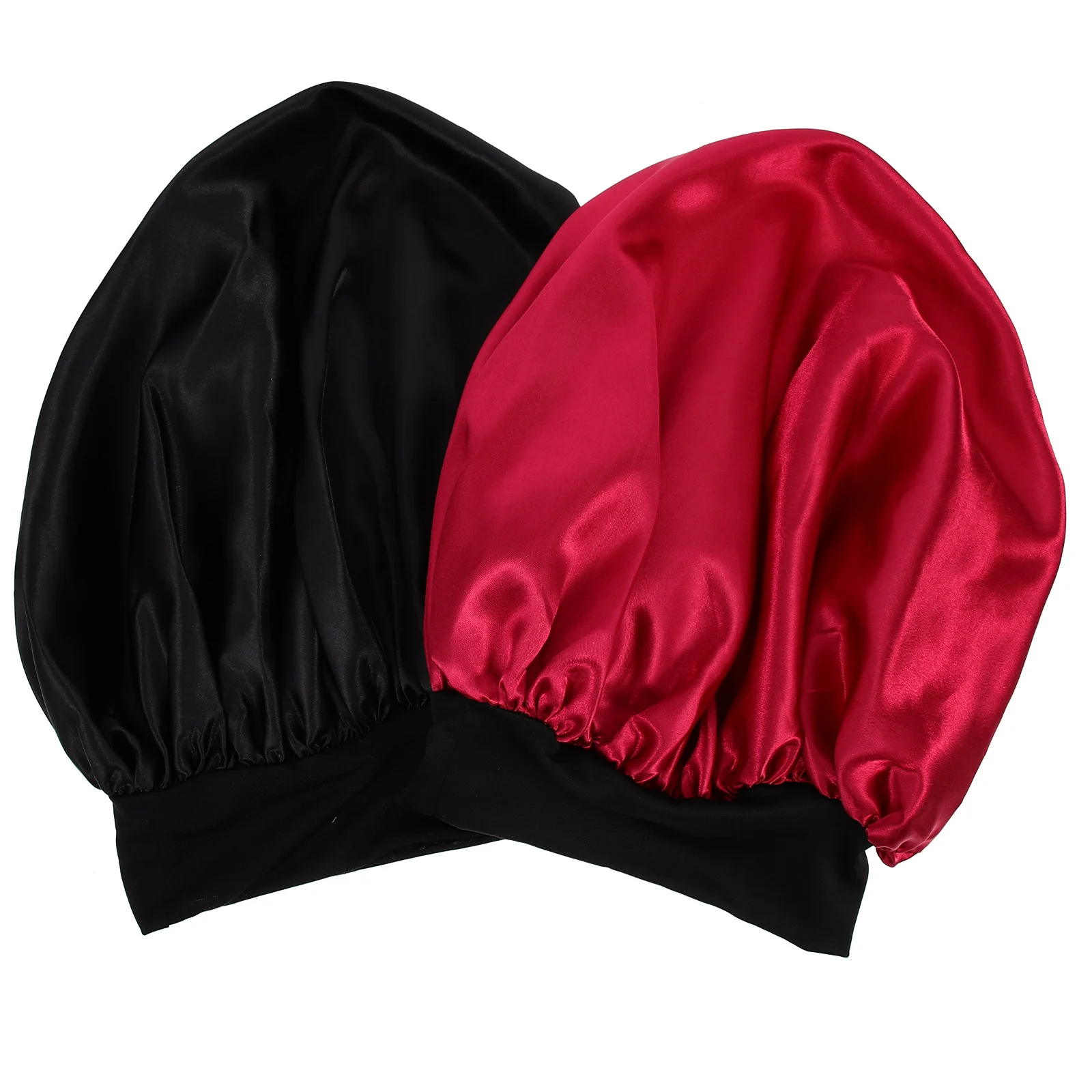 

2pcs Solid Color Elastic Satin Bonnet Women Wide Rim Sleeping Hat Hair Care Shower Cap Chemo Head Wrap Household Hair Bonnet