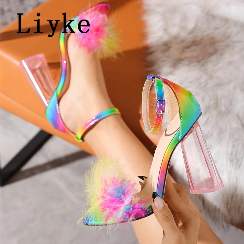 Liyke 2024 Summer Fashion Heart Shaped Transparent Thick Heels Colour Fluffy Feather Women Sandals Elegant Wedding Prom Shoes