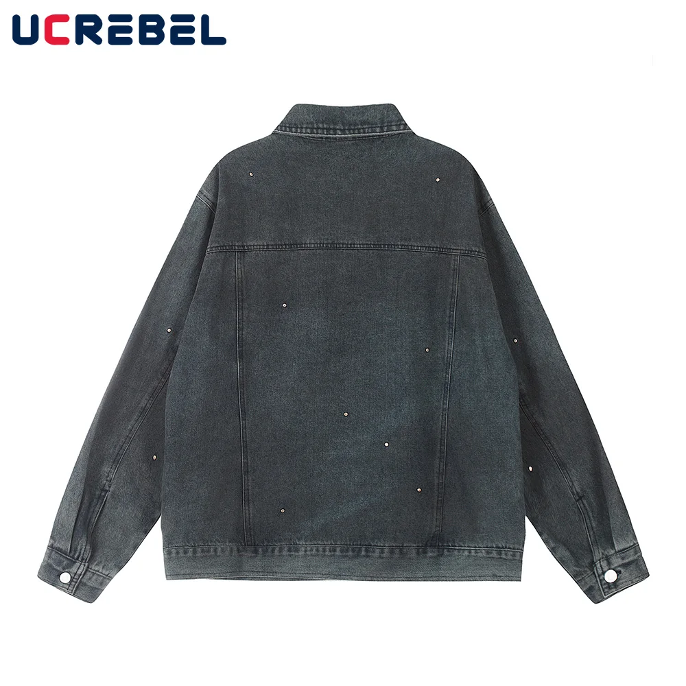 Gradient Dyed Denim Jacket Mens with Rivets Spliced Pocket High Street Washed Distressed Lapel Single Breasted Outerwear Men