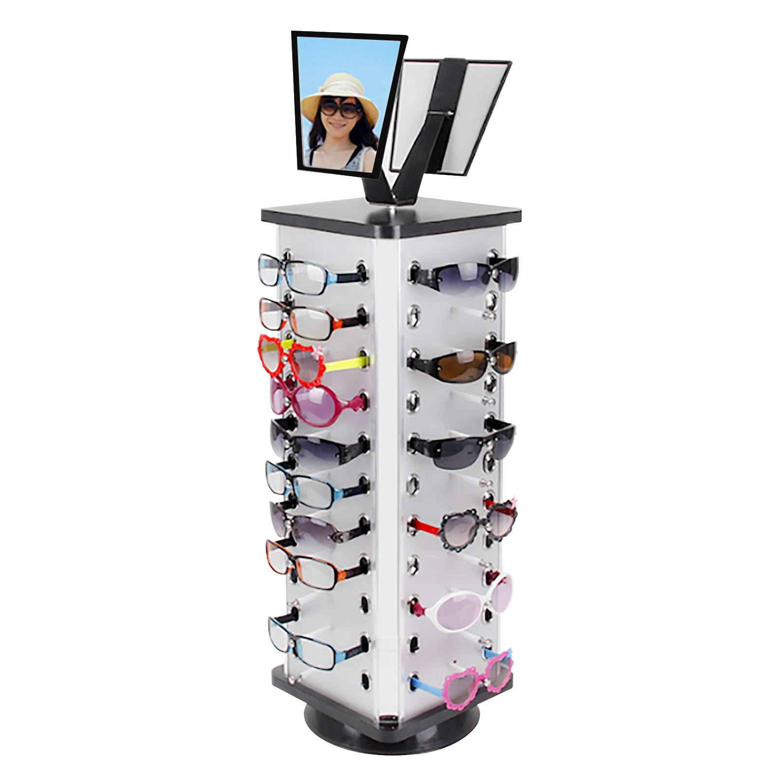 360° Rotating Sunglasses Holder, Glasses Display Rack, for 44 Pairs of Glasses, Freestanding W/Mirror