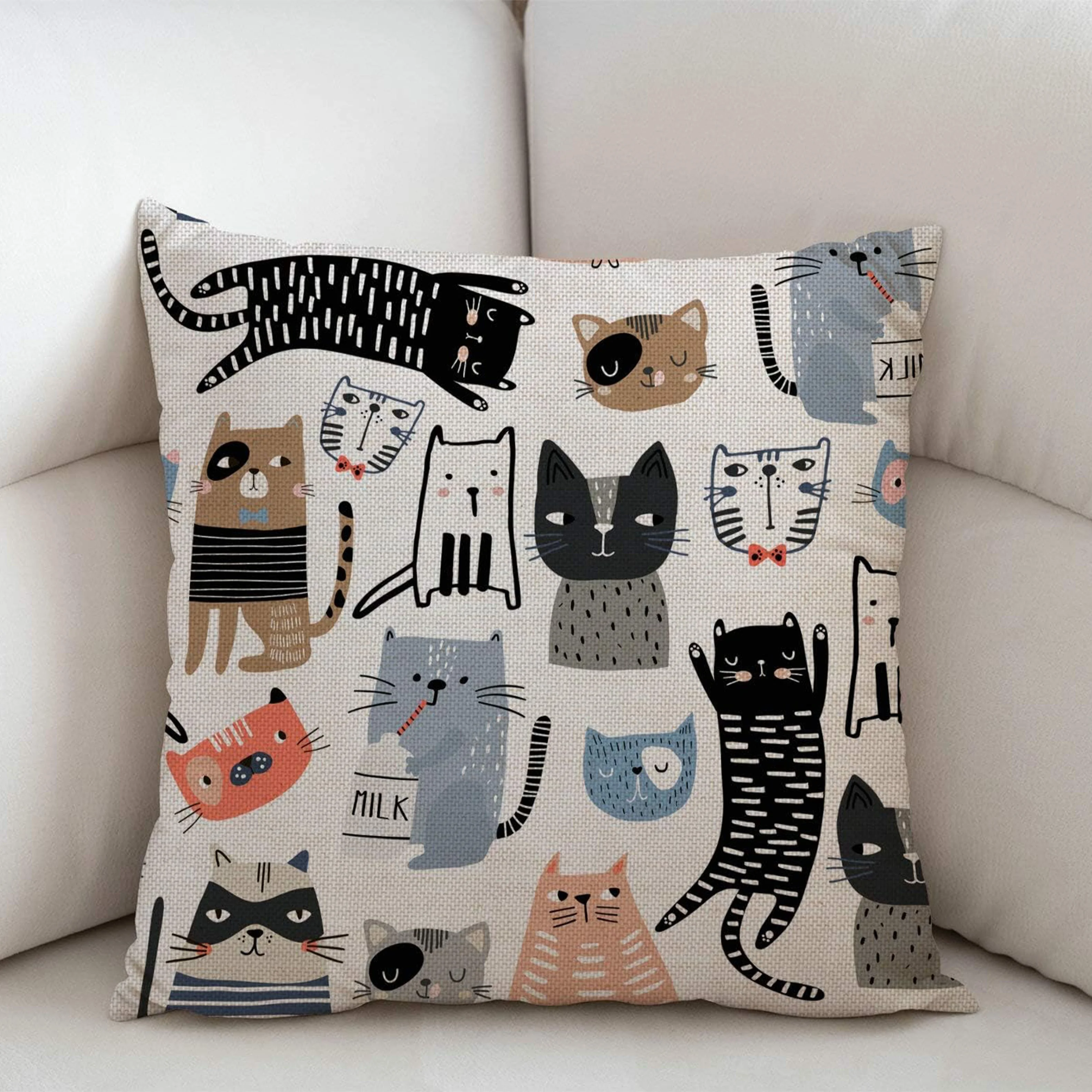 Funny Cats and Milk Bottle Throw Linen Throw Pillow Cover Double-sided Printing Outdoor Home Decor Zip Closure Machine Washable