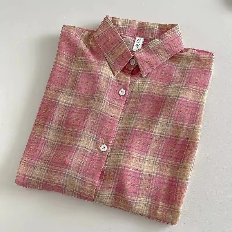 Rosa Kariertes Hemd Frauen Sheer Chiffon Langarm Kragen Button Up Bluse Top Weibliche Sommer Lose Dünne Karo Shirts