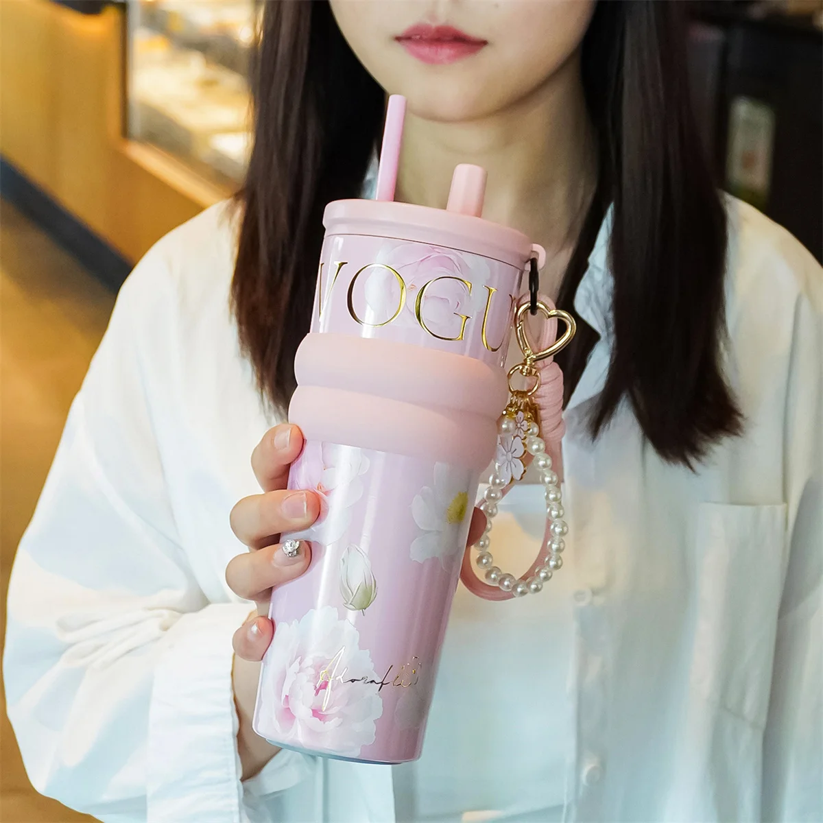 New high-value thermos cup for boys and girls, large-capacity ceramic liner straw cup, car-mounted ice coffee water cup, the sam