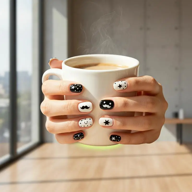 Short Square Contrast Color Nail Tips 10/30Pcs Black White Wearable for Home Salon Women DIY Nail Art Design