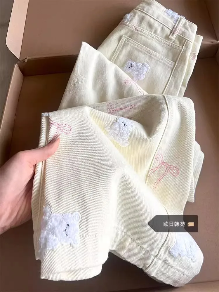 WCFCX STUDIO Sweet Embroidered Bear Pattern Jeans Women Retro Bow Wide Leg Jeans Y2K Fashion Loose Casual Straight Trousers