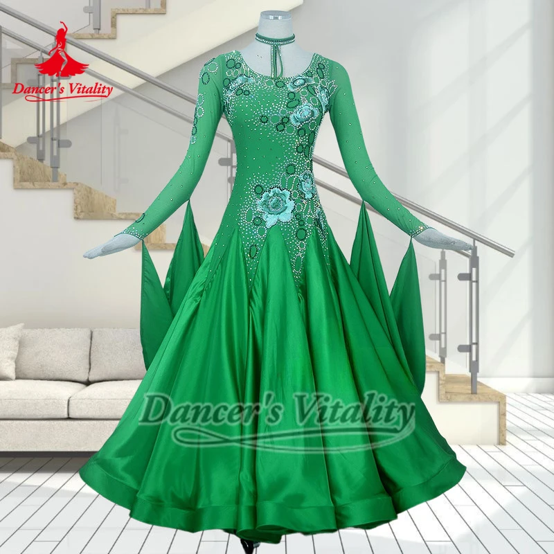 성인용 녹색 긴 소매 브이백 소셜 댄스 전문 드레스 여성용 탱고 왈츠 퀵스텝 의상 맞춤 댄서의 활력