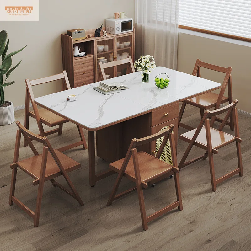 Small household slate solid wood dining table folding dining table and chair combination