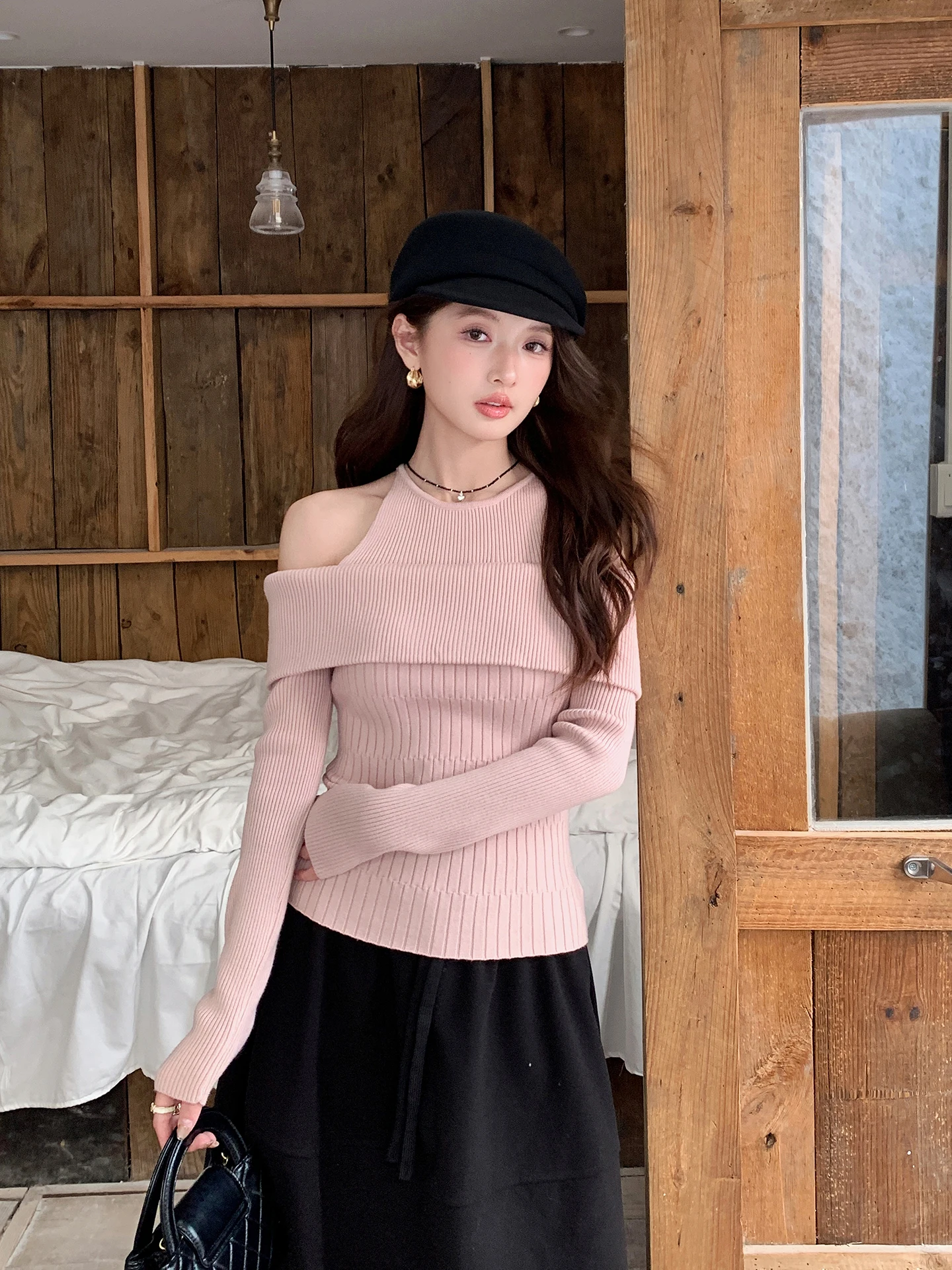 

Chuqing Independent Korean Women's Pure Desire Inner Wear Fake Two-Piece One-oulder Long Sve Base irt Ele Sle Kn...