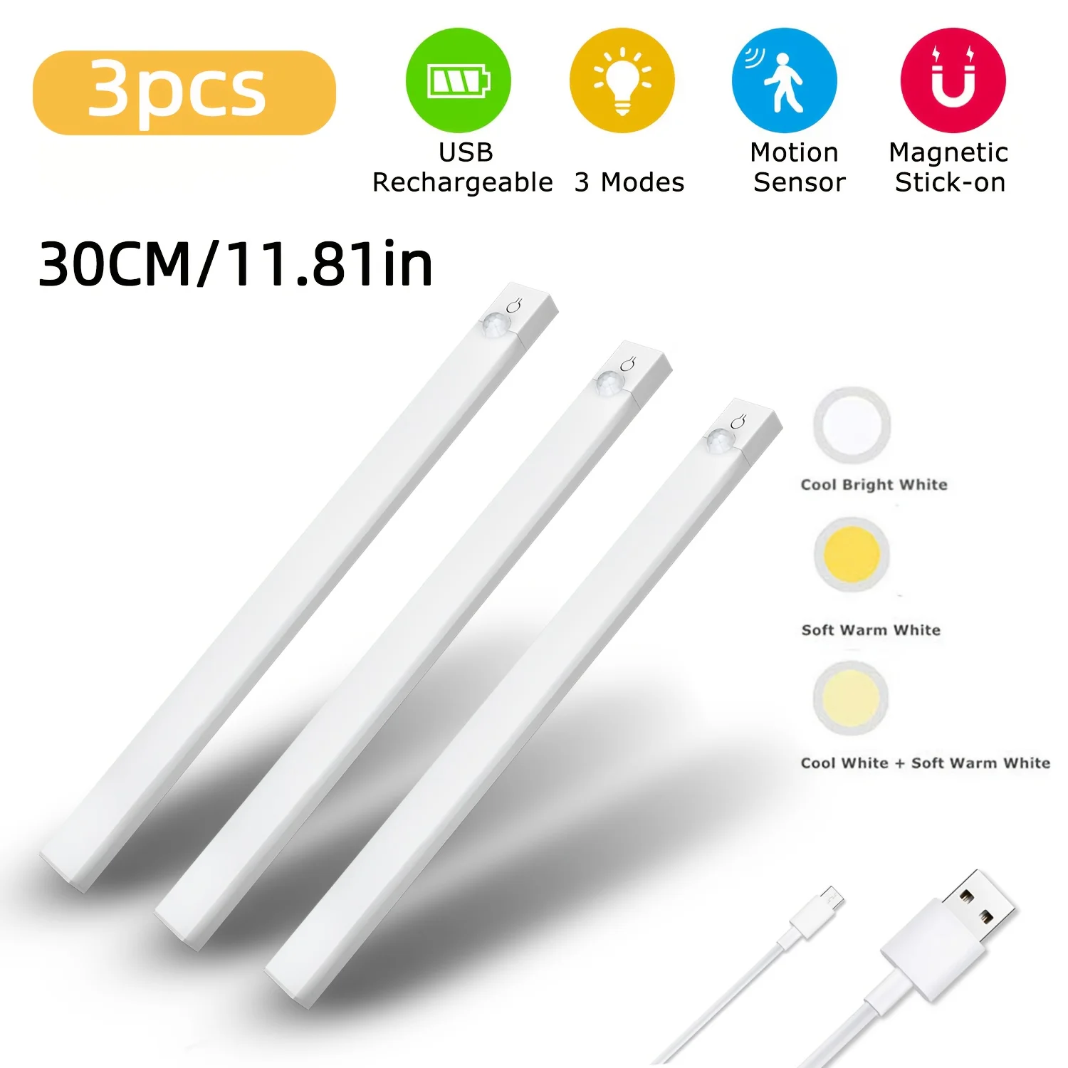 3pcs LED Motion Sensor - Dimmable Cabinet Lights, USB Rechargeable,3Color Modes,Night Light, for Bedroom,Staircase, Kitchen,Room image 5