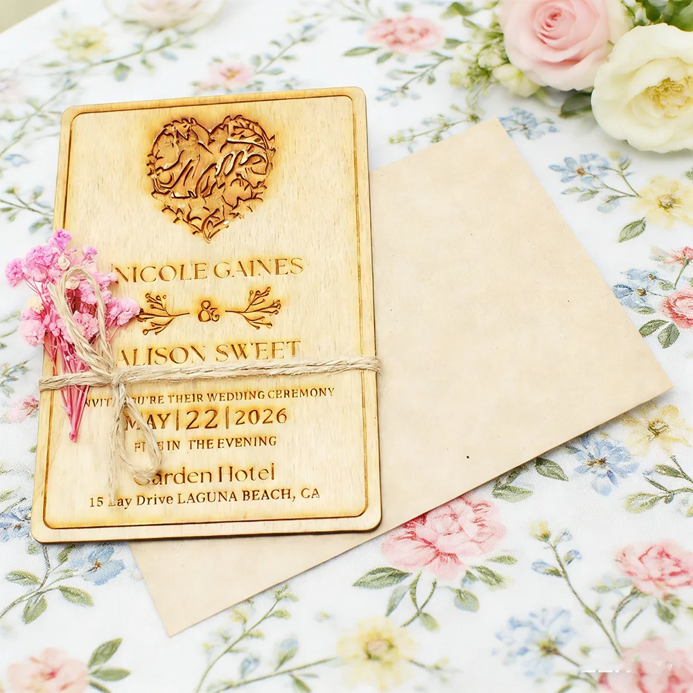 30 Sets Personalized Wedding Invitation,Real Wood Wedding Invitations with Dried Gypsophila Flowers,Rustic Wedding Invitation
