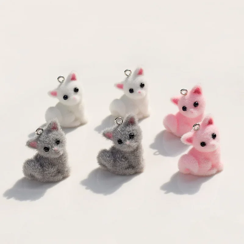 Dijes de gato flocado Kawaii 3D, 30 piezas, Animal de resina lindo, colgante, pendiente, llavero, mochila, accesorios para manualidades DIY, fabricación de joyas