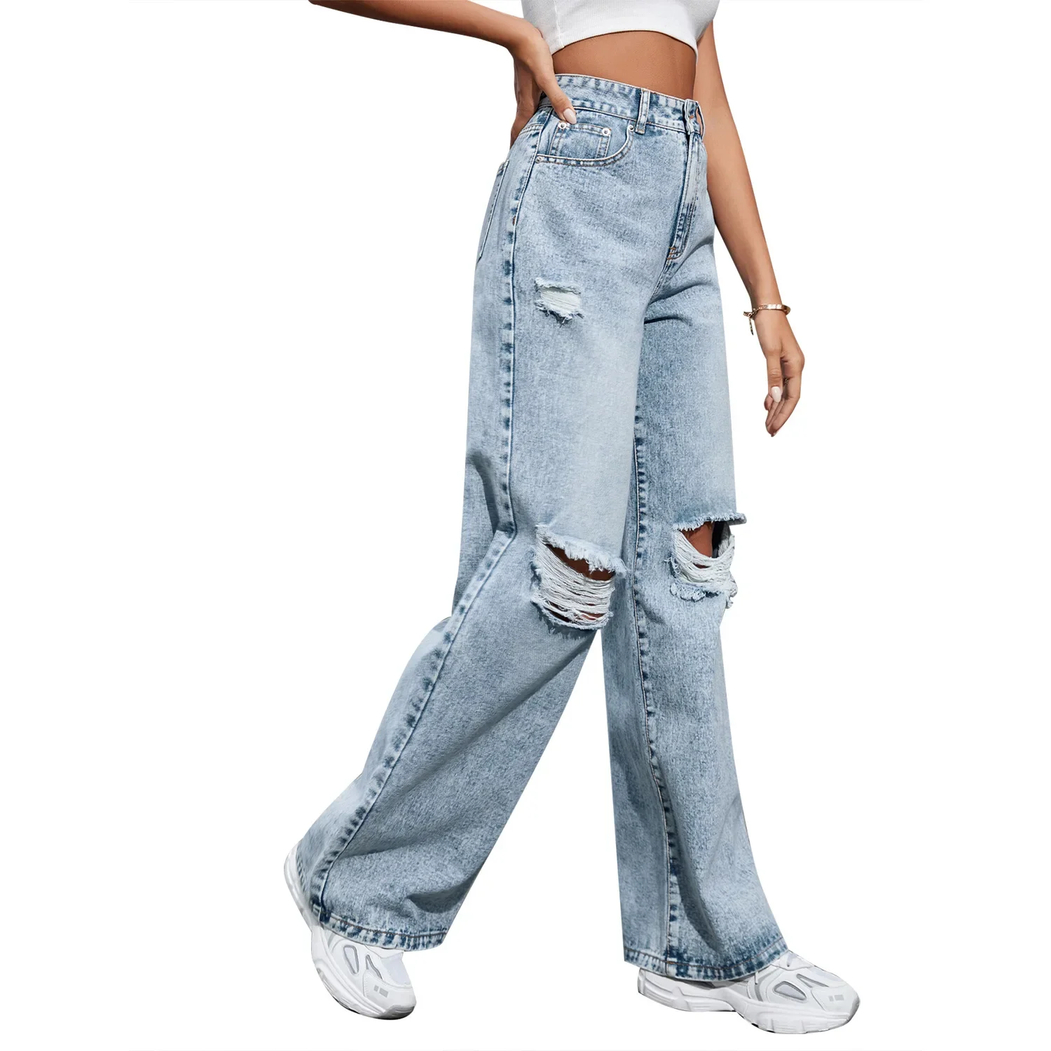 Wide Leg Trousers Women Straight Pants Denim Washing High Waist Loose Fit Pockets Button Basics Solid Color Holes Jeans Casual