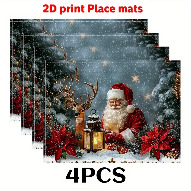 4pcs Santa and Reindeer Table Flag and Placemats Set, Christmas Decorations, Wipeable, Suitable for Indoor and Outdoor Use