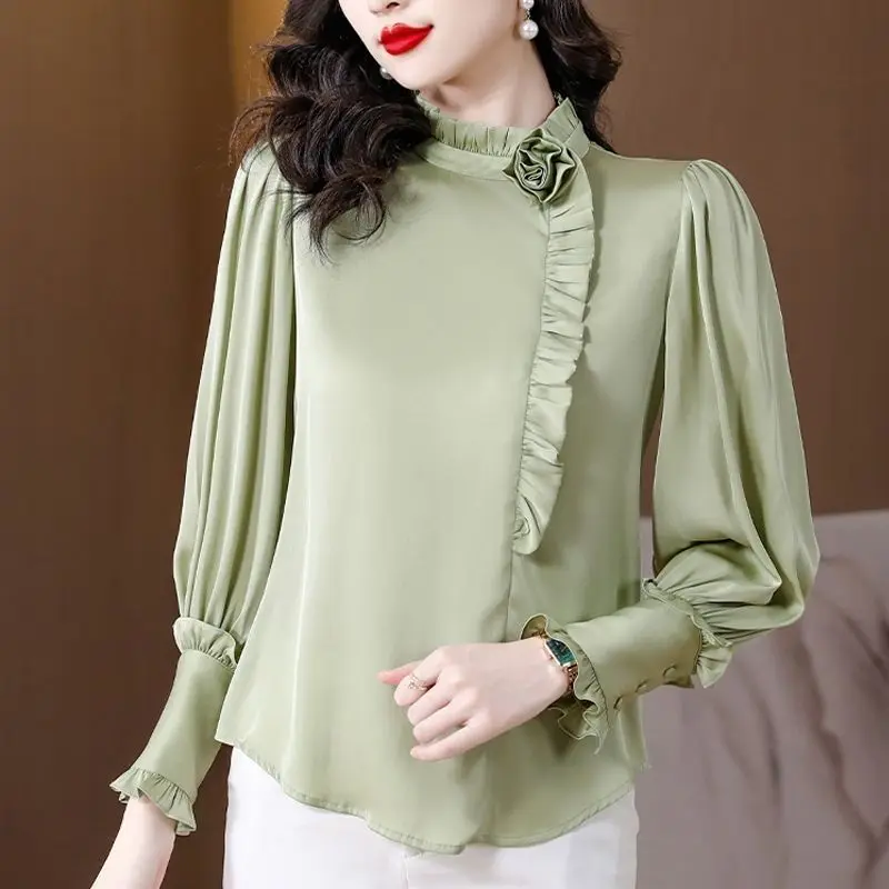 

Light Luxury Spliced wood Fungus Lace Shirt 2025 Spring Autumn New Pullover Stand Collar Top Long Sleeves