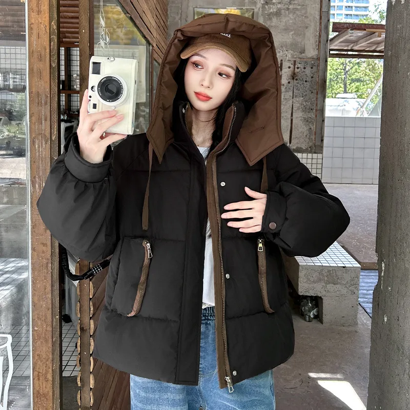 Chaqueta con capucha de invierno de retales de Color contrastante coreano para Mujer, Parkas cortas hinchadas que combinan con todo, abrigo de algodón cálido a prueba de viento para Mujer